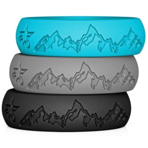 5starzz Premium Quality Silicone Wedding Ring for Women, Thin, 6mm Wide, Set of 3, Black, Grey, Ocean Blue, Size 8