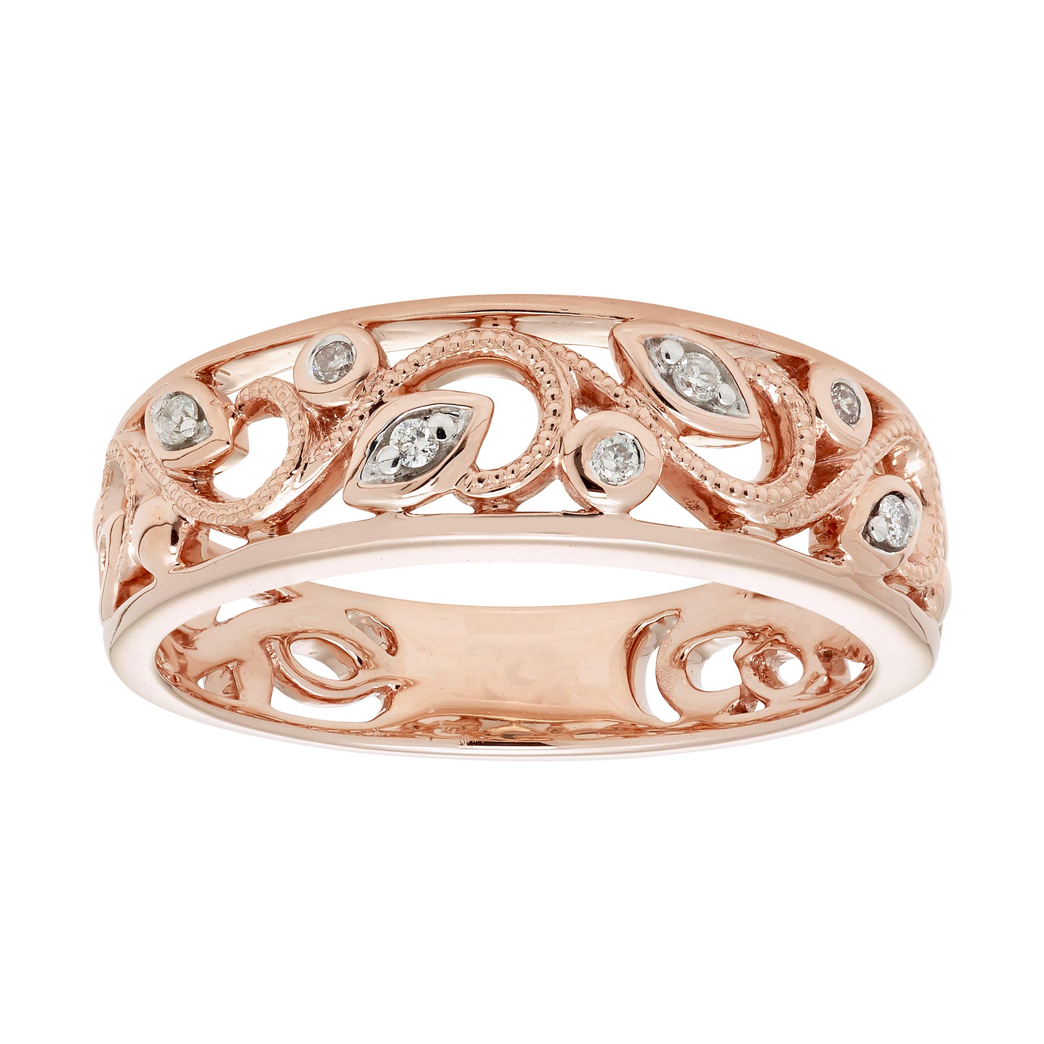 10K Rose Gold 1/20 Cttw Diamond Accent Openwork Filigree Band Ring (G-H Color, I2-I3 Clarity)- Size 7