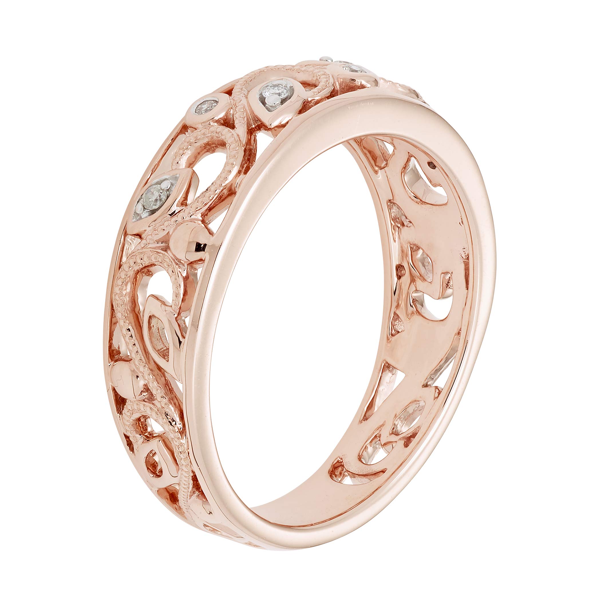 10K Rose Gold 1/20 Cttw Diamond Accent Openwork Filigree Band Ring (G-H Color, I2-I3 Clarity)- Size 7