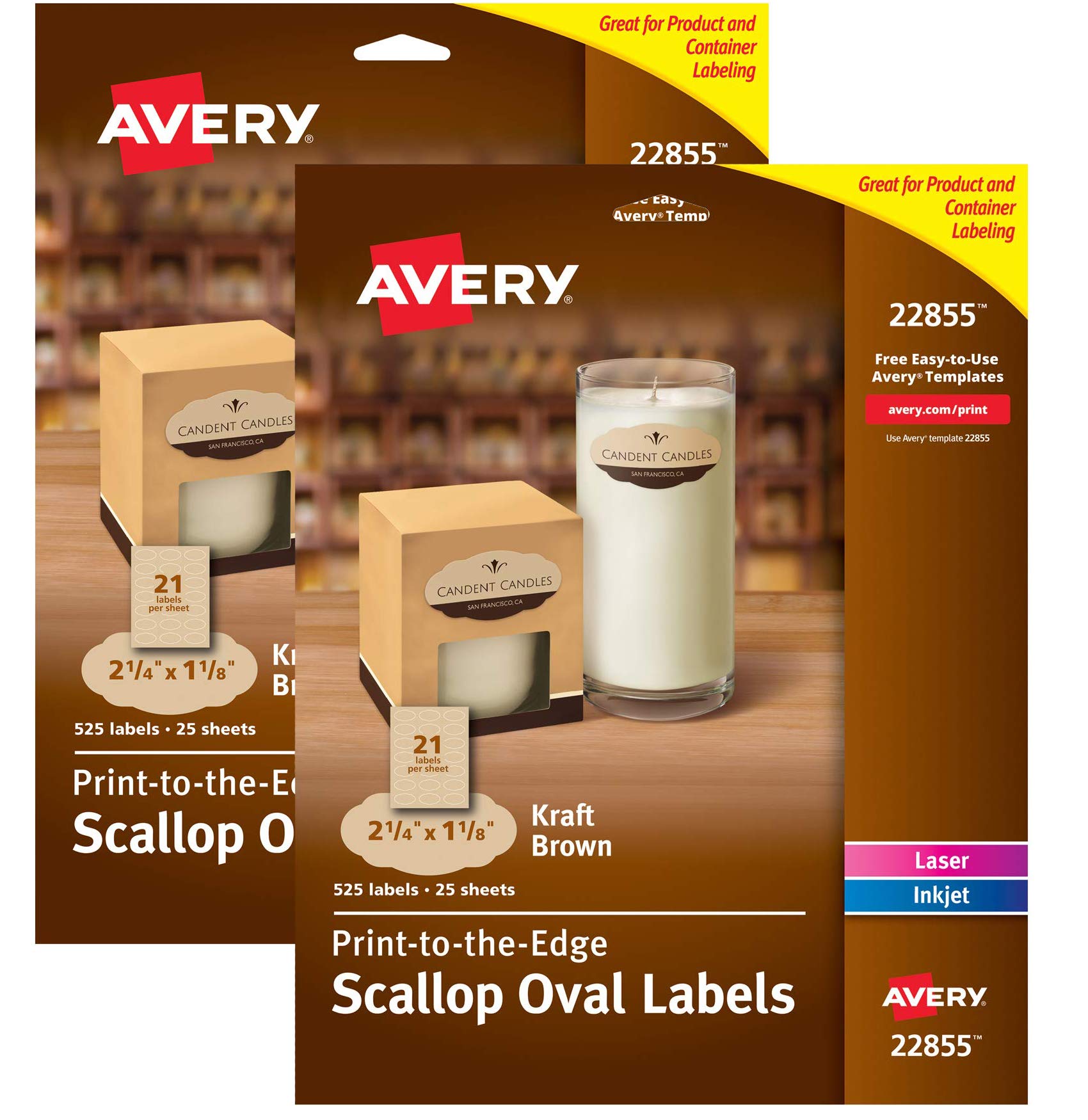 Avery® Print-to-The-Edge Labels, 22855, Oval with Scallop Edge, 1-1/8" x 2-1/4", Kraft Brown, Pack of 525 Labels