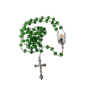 saint maximilian kolbe patron of those with addictions green quartz cristal faceted rondelle 8mm beads rosary with silver plated crucifix and medal centerpiece includes a prayer card