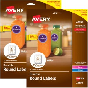 avery round labels for laser & inkjet printers, 2.5", 72 water resistant labels (22856), white (2 pack, 144 labels total)