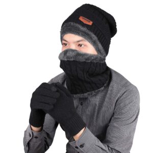 KRATARC Winter Warm Scarf Beanie Hat Knit Glove Neck Gaiter Set Adult Men Women Outdoor (Black)