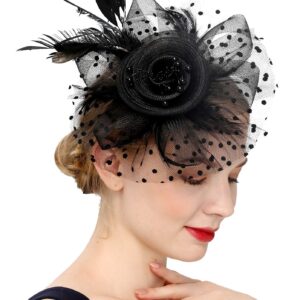 Cizoe Fascinators Hat for Women Tea Party Hat Kentucky Derby Wedding Flower Cocktail Mesh Feathers Headpiece(1-a-Black)