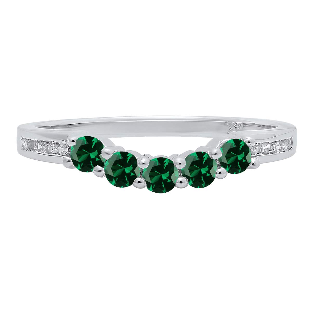 Dazzlingrock Collection Round Lab Created Emerald & White Diamond Women 5 Stone Guard Wedding Band, 10K White Gold, Size 8.5