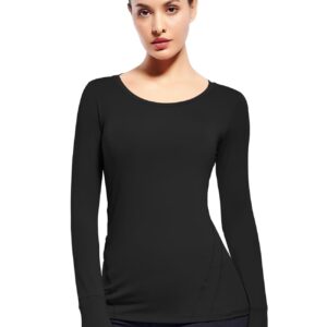 Long Sleeve Workout Shirts for Women Running Athletic Tee Shirt with Thumb Hole(Black,XS)