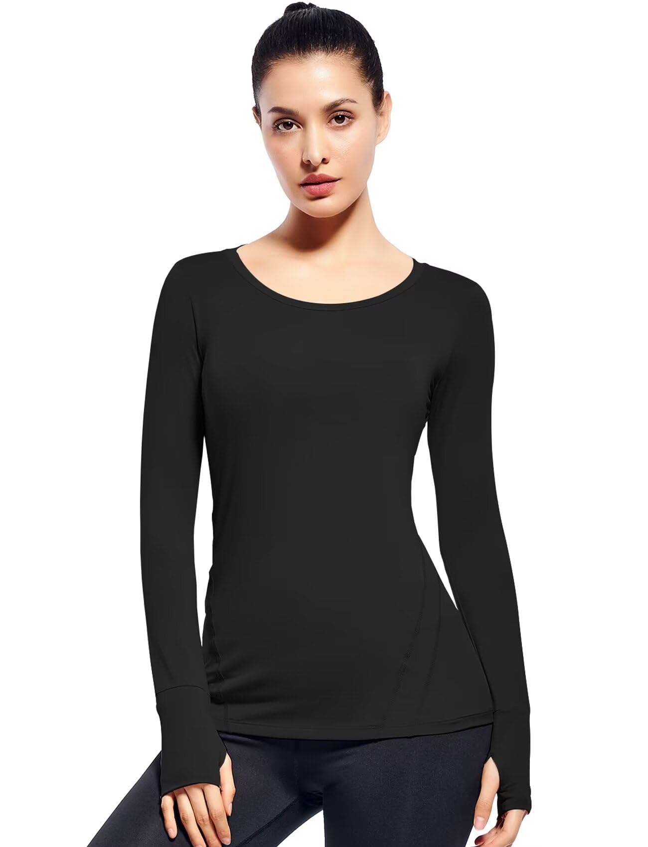 Long Sleeve Workout Shirts for Women Running Athletic Tee Shirt with Thumb Hole(Black,XS)