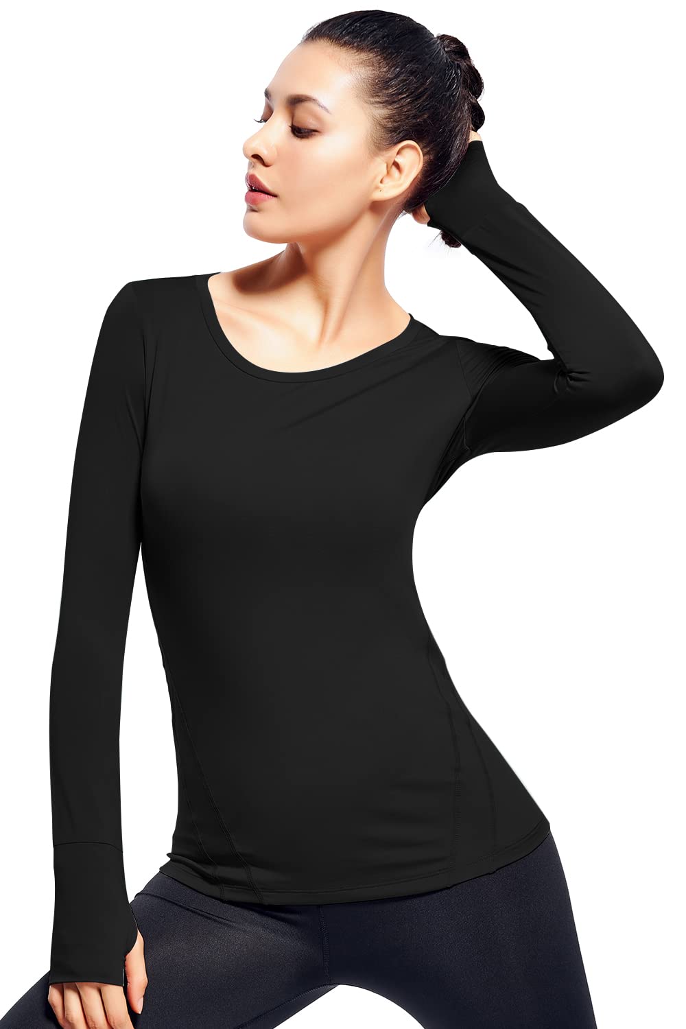 Long Sleeve Workout Shirts for Women Running Athletic Tee Shirt with Thumb Hole(Black,XS)