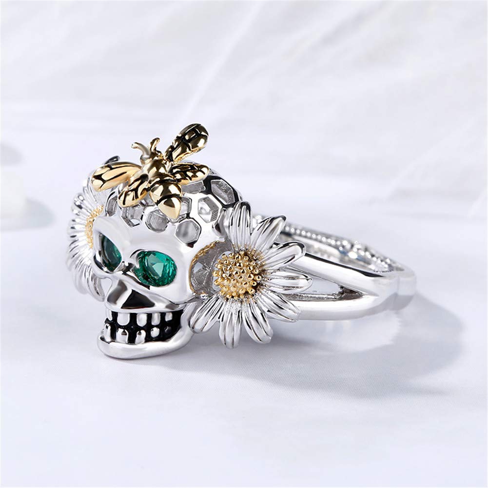 Jeulia 0.5 Carat Daisy Bee Rings Women 925 Sterling Silver Skull Engagement Rings with Emerald Eye Cubic Zirconia CZ Solitaire Wedding Rings Anniversary Promise with Jewelry Box (9)