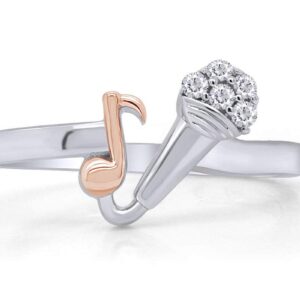 Round White Natural Diamond Accent Mic & Music Note Two Tone Ring 14k White Gold Over Sterling Silver