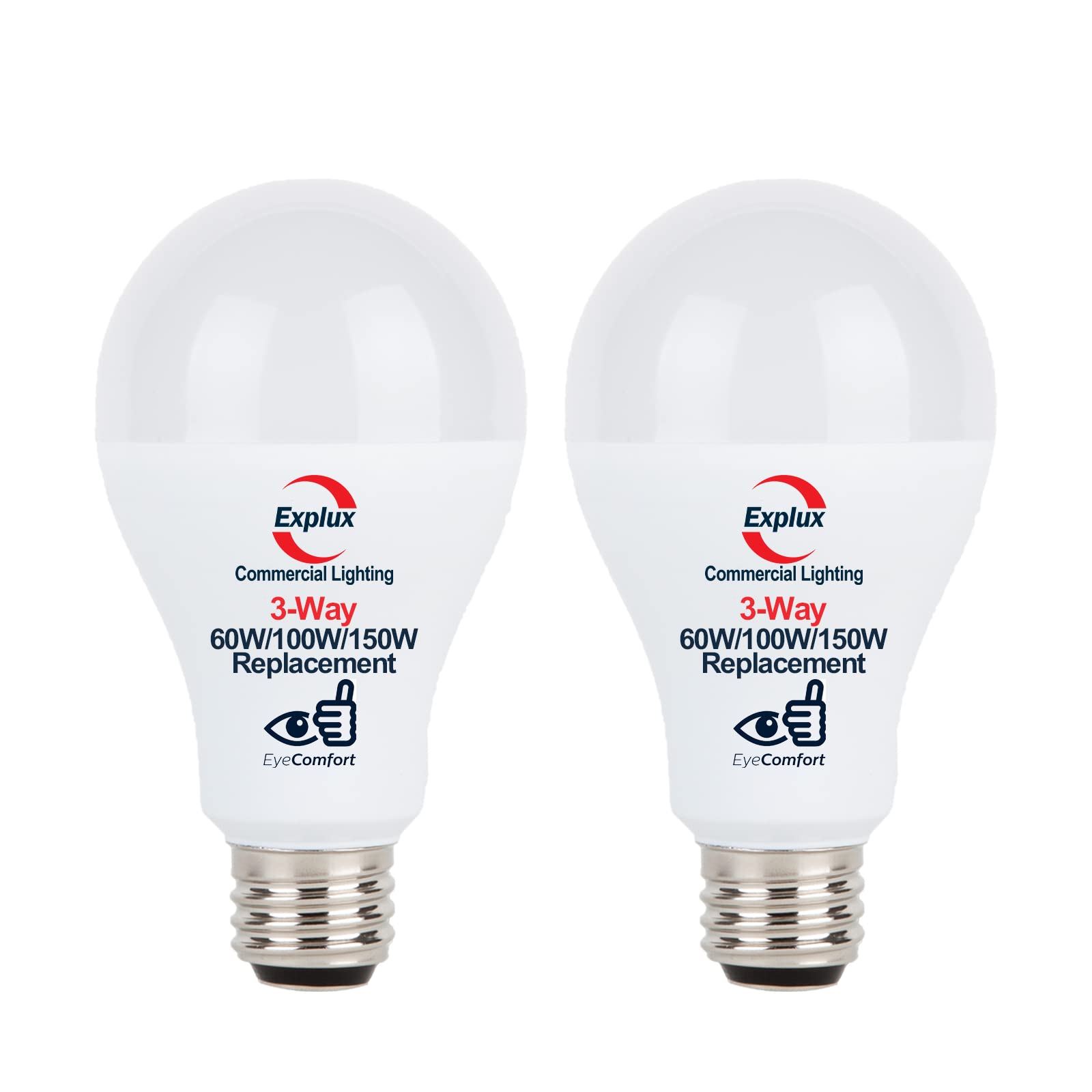 Explux Flicker-Free LED A21 3-Way Light Bulb with EyeComfort Technology, 60W/100W/150W Equivalent, 800/1700/2450 Lumens, 5000K Daylight, 2-Pack