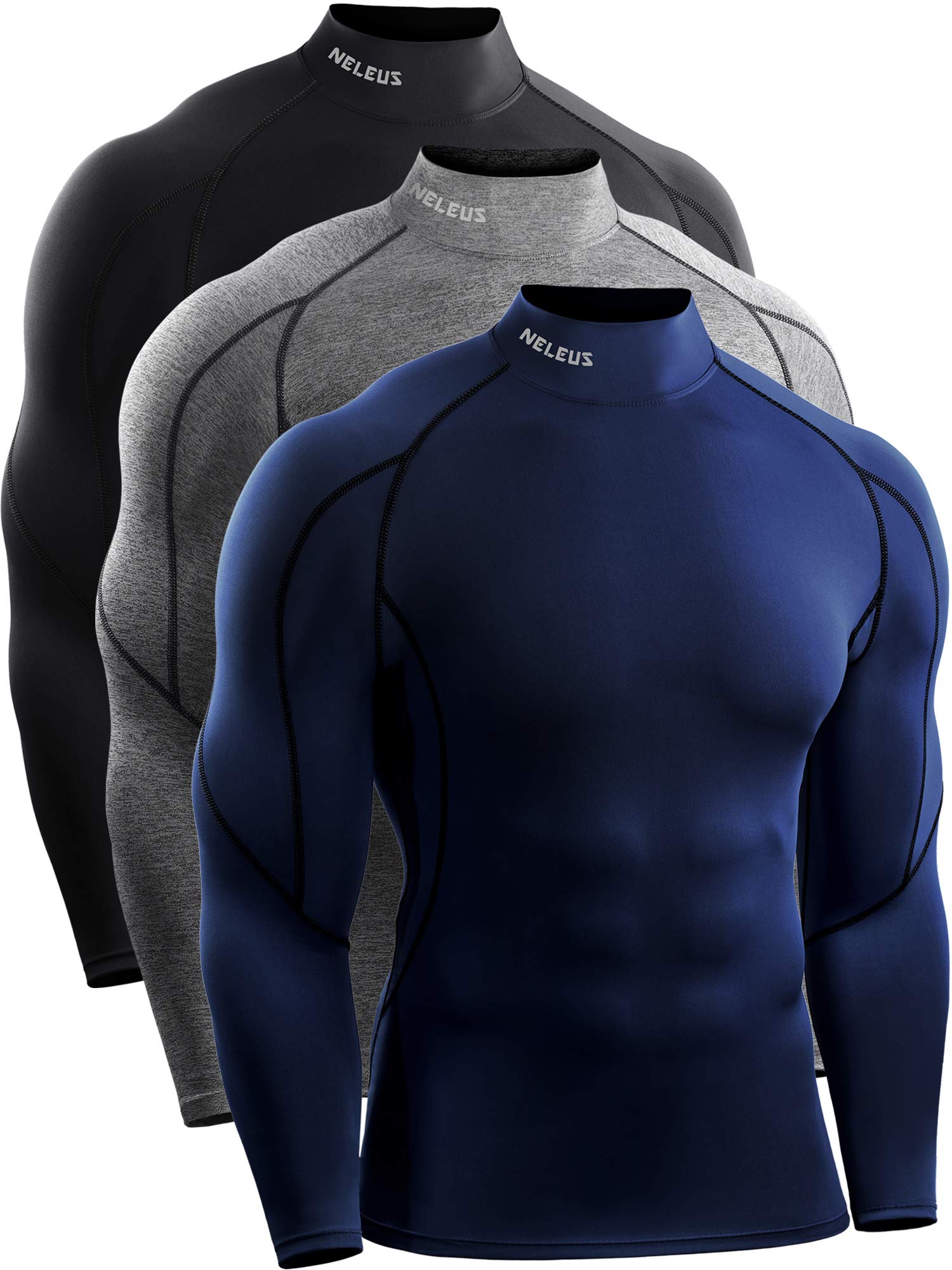 NELEUS Men's Compression Shirts Dry Fit Long Sleeve Mock Neck Shirts,3 Pack,5059,Black/Grey/Navy Blue,US S,EU M