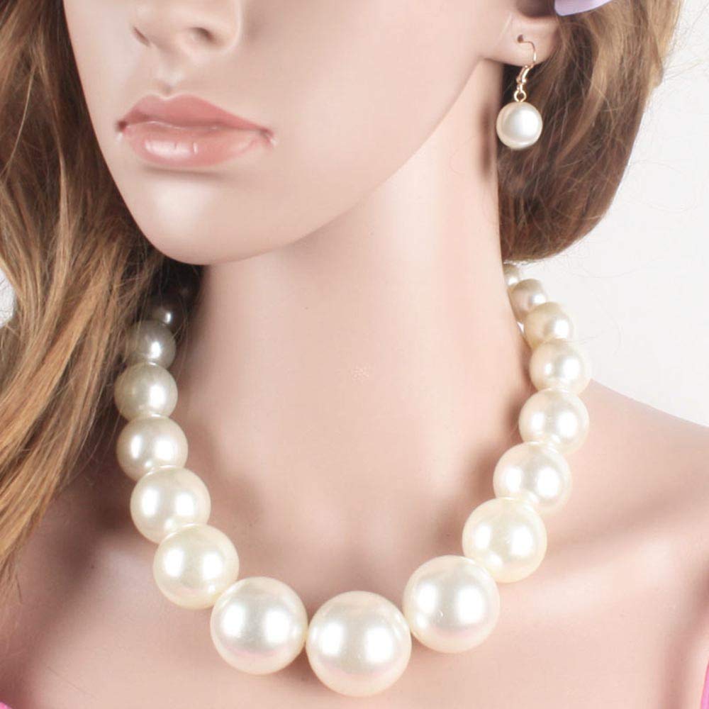 Daimay Large Big Simulated Pearl Statement Women's Faux Pearl Crystal Choker 19" Necklace Bracelet and Earrings Jewelry Set Round Beads Turquoise Necklace Bib for Brides Wedding Party – White