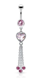 forbidden body jewelry surgical steel dangle belly button ring featuring cz heart and chains, pink