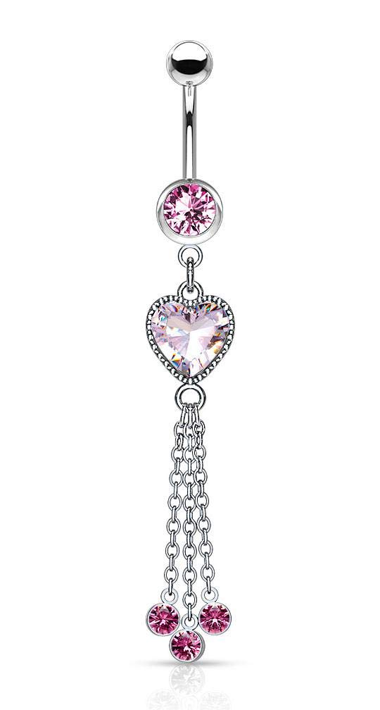 Forbidden Body Jewelry Surgical Steel Dangle Belly Button Ring Featuring CZ Heart and Chains, Pink