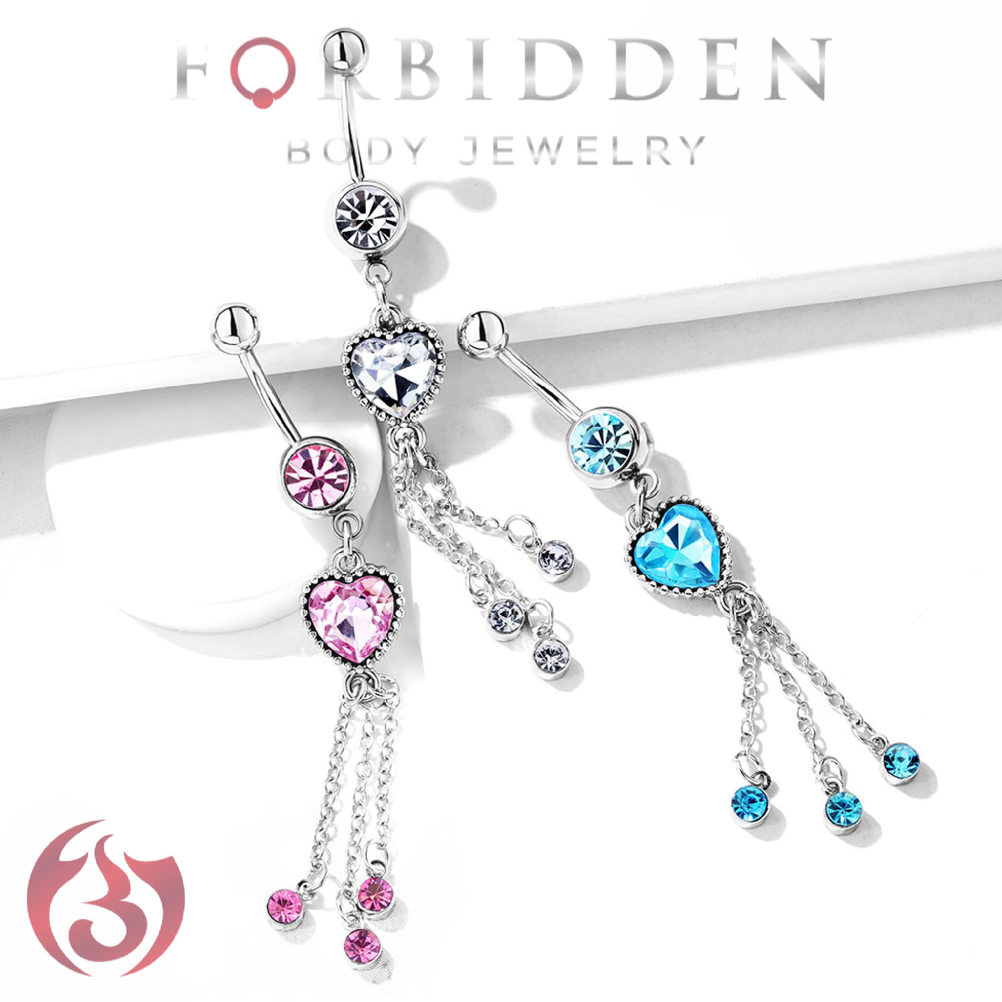 Forbidden Body Jewelry Surgical Steel Dangle Belly Button Ring Featuring CZ Heart and Chains, Pink