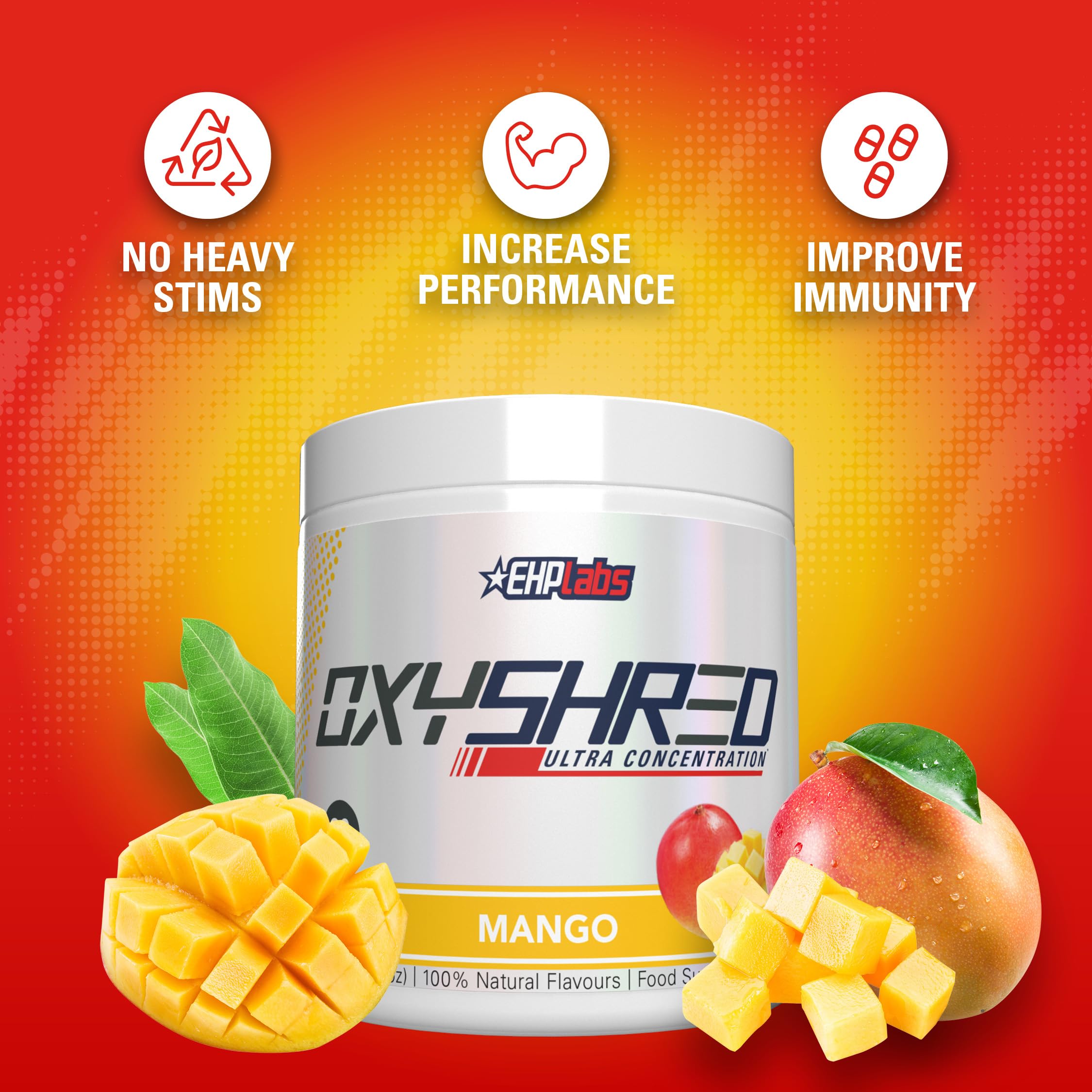 EHP Labs OxyShred Pre Workout Powder - Preworkout Powder with L Glutamine & Acetyl L Carnitine, Energy Boost Drink - Mango, 60 Servings