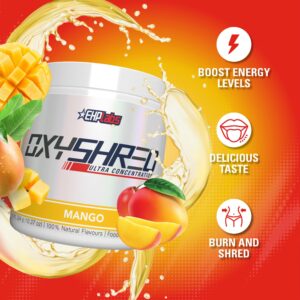 EHP Labs OxyShred Pre Workout Powder - Preworkout Powder with L Glutamine & Acetyl L Carnitine, Energy Boost Drink - Mango, 60 Servings