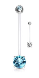 forbidden body jewelry 14g 1" pregnancy bioflex adjustable & flexible double jeweled cz maternity belly ring, clear/aqua (2pc)