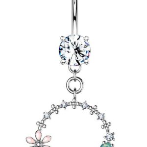 Forbidden Body Jewelry Surgical Steel Fancy Dangle Belly Button Ring with Flower, CZ and Opalite Detail, Circle (Silver)