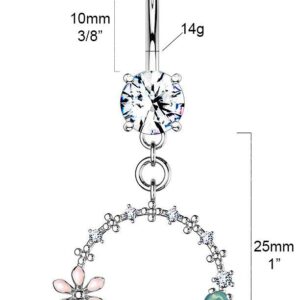 Forbidden Body Jewelry Surgical Steel Fancy Dangle Belly Button Ring with Flower, CZ and Opalite Detail, Circle (Silver)