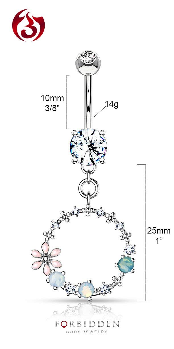 Forbidden Body Jewelry Surgical Steel Fancy Dangle Belly Button Ring with Flower, CZ and Opalite Detail, Circle (Silver)