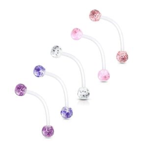 forbidden body jewelry 1" 14g flexible bioflex pregnancy belly ring with 6mm glitter balls, 5pc clear/blue/pink/purple/red