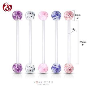 Forbidden Body Jewelry 1" 14G Flexible Bioflex Pregnancy Belly Ring with 6mm Glitter Balls, 5pc Clear/Blue/Pink/Purple/Red