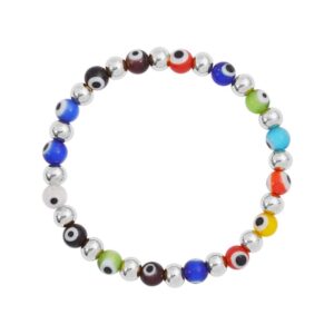 edforce stainless steel women enamel evil eye protection beaded link chain elastic bracelet (multi color silver)