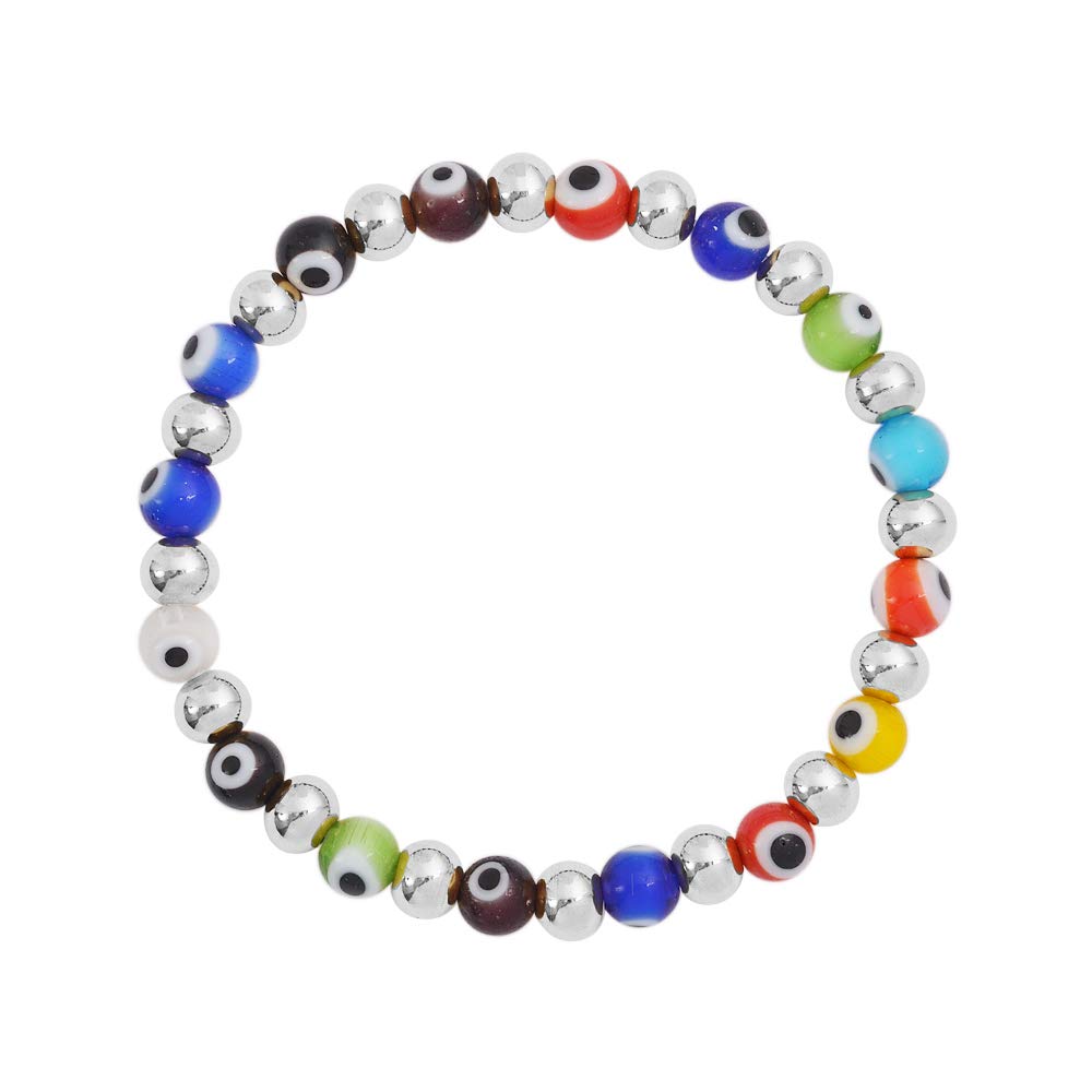 Edforce Stainless Steel Women Enamel Evil Eye Protection Beaded Link Chain Elastic Bracelet (Multi Color Silver)