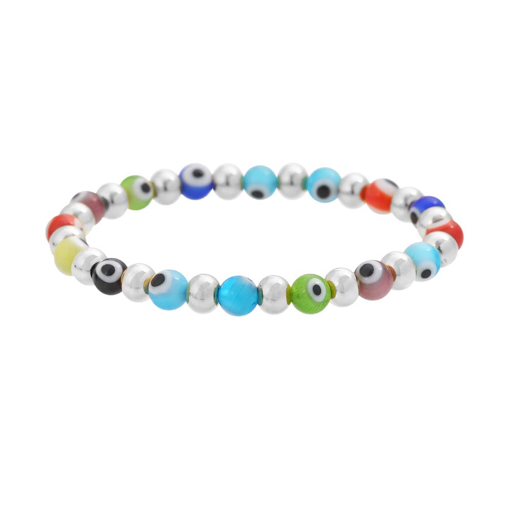 Edforce Stainless Steel Women Enamel Evil Eye Protection Beaded Link Chain Elastic Bracelet (Multi Color Silver)