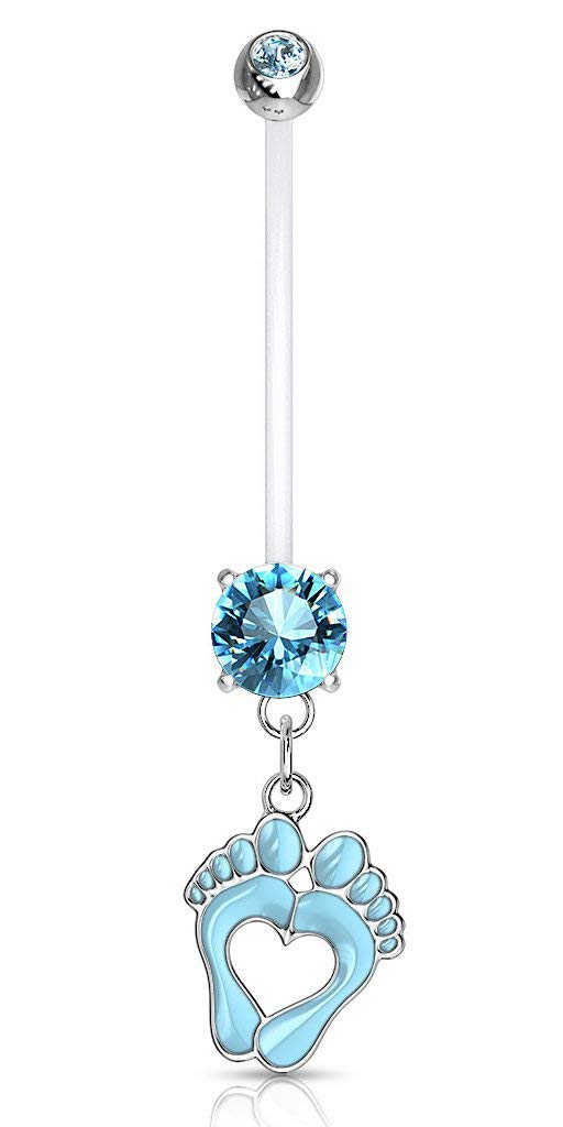 Forbidden Body Jewelry 14G 1" Pregnancy Bioflex Adjustable & Flexible Dangle Baby Feet CZ Maternity Belly Ring, Aqua (1pc)