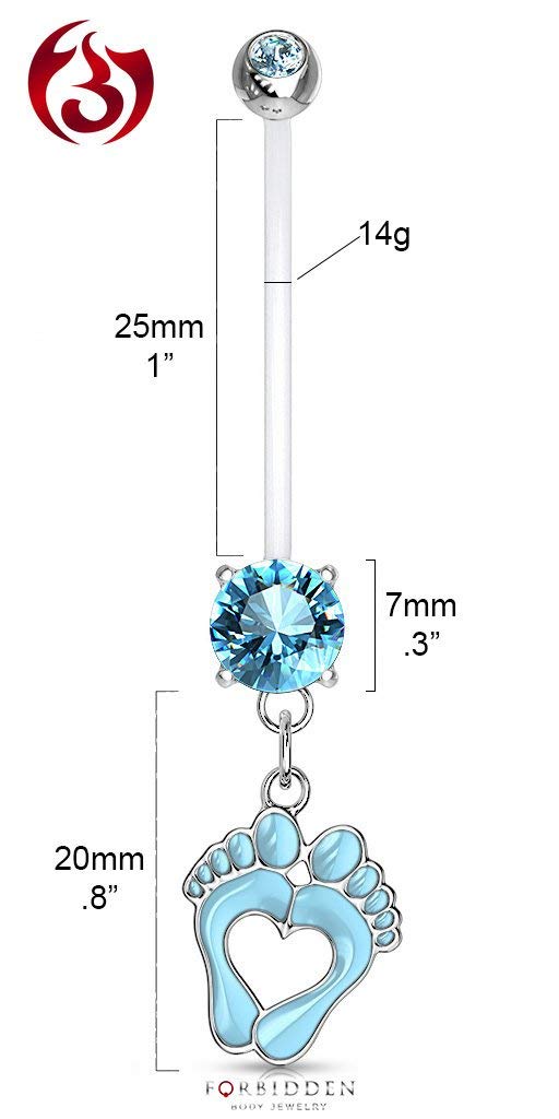 Forbidden Body Jewelry 14G 1" Pregnancy Bioflex Adjustable & Flexible Dangle Baby Feet CZ Maternity Belly Ring, Aqua (1pc)