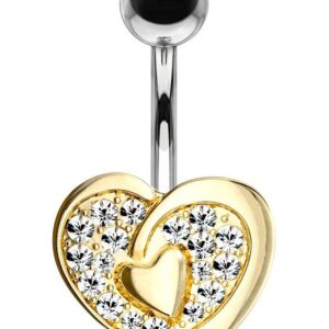 Forbidden Body Jewelry Surgical Steel Fancy Pave CZ Double Heart Belly Button Ring, Gold Tone