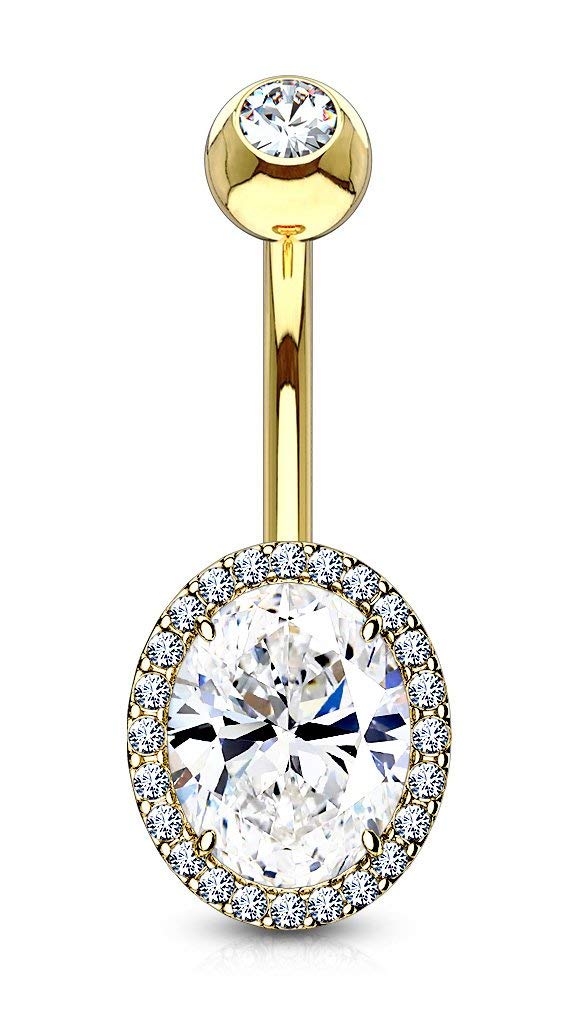 Forbidden Body Jewelry Surgical Steel Double Tiered Fancy CZ Oval Belly Button Ring with Large CZ Center, Clear (Gold Tone)