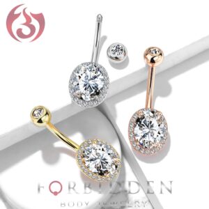 Forbidden Body Jewelry Surgical Steel Double Tiered Fancy CZ Oval Belly Button Ring with Large CZ Center, Clear (Gold Tone)