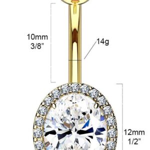 Forbidden Body Jewelry Surgical Steel Double Tiered Fancy CZ Oval Belly Button Ring with Large CZ Center, Clear (Gold Tone)