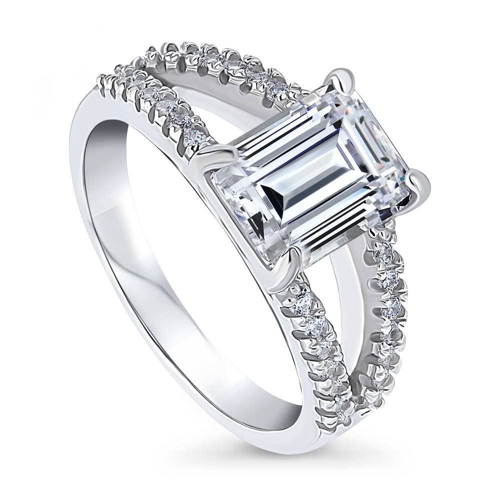 BERRICLE Sterling Silver Solitaire Wedding Engagement Rings 2.6 Carat Emerald Cut Cubic Zirconia CZ Cocktail Promise Split Shank Ring for Women, Rhodium Plated Size 7