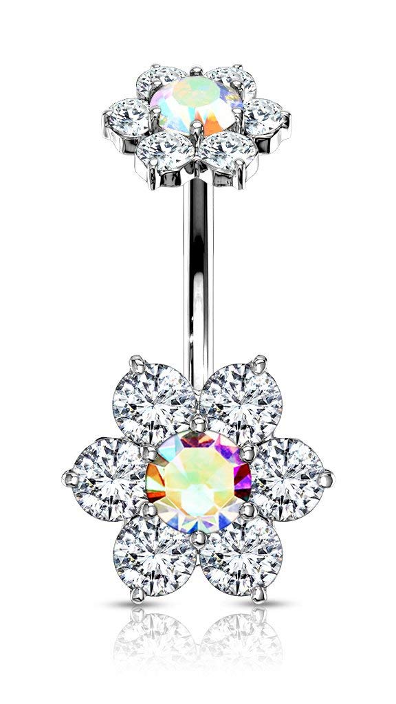 Forbidden Body Jewelry Surgical Steel Belly Ring with CZ Flower Design & Internally Threaded Matching Top, Clr/Aurora Borealis