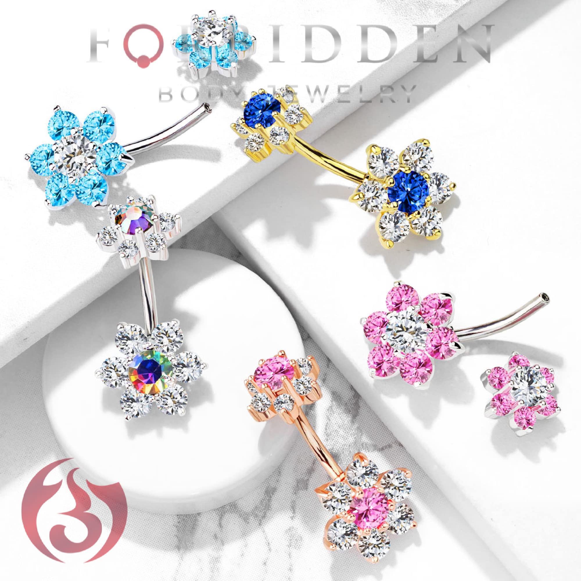 Forbidden Body Jewelry Surgical Steel Belly Ring with CZ Flower Design & Internally Threaded Matching Top, Clr/Aurora Borealis