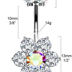 Forbidden Body Jewelry Surgical Steel Belly Ring with CZ Flower Design & Internally Threaded Matching Top, Clr/Aurora Borealis