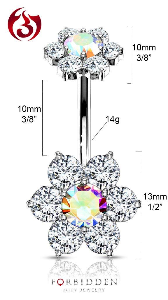 Forbidden Body Jewelry Surgical Steel Belly Ring with CZ Flower Design & Internally Threaded Matching Top, Clr/Aurora Borealis