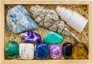 crystalya calming large sleep crystals and healing stones in wooden gift box + 50pg ebook, stress and anxiety relief - amethyst, lepidolite, fluorite, smoky quartz, selenite, sage, and info guide