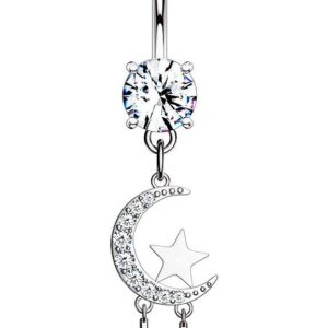 Forbidden Body Jewelry dangly belly button piercing, belly button rings moon and sun, dangly belly button jewelry, CZ Cresent moon and star cute belly button piercings. Silver Tone