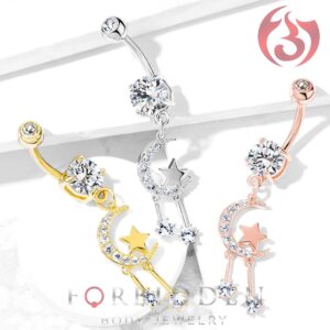 Forbidden Body Jewelry dangly belly button piercing, belly button rings moon and sun, dangly belly button jewelry, CZ Cresent moon and star cute belly button piercings. Silver Tone