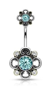 forbidden body jewelry surgical steel aqua cz centered flower vintage filigree belly button ring with matching top