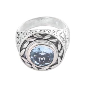 novica artisan handmade blue topaz cocktail ring crafted bali sterling silver indonesia birthstone gemstone [ring front 0.7 in h x 0.8 in w x 0.3 in d band width 4 mm w] ' tari lotus'