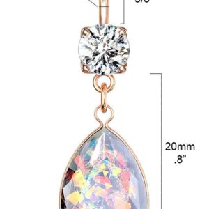 Forbidden Body Jewelry Surgical Steel CZ Dangle Belly Button Ring with Teardrop Rainbow Glitter Opalite, Rose Gold Tone