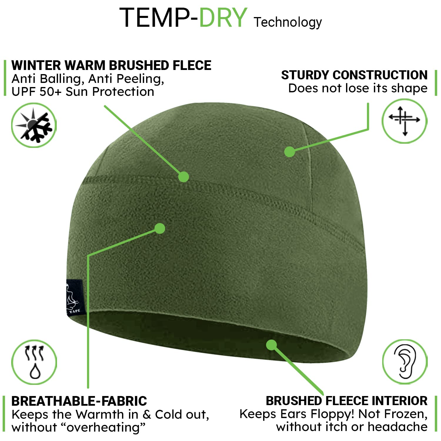 Temple Tape Tactical Fleece Watch Cap Beanie – Skull Cap Fleece Hat - 2 Pack Black/OD Green - One Size (Fits Most Heads)