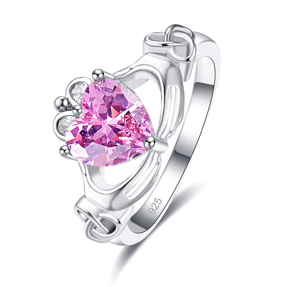 Emsione 925 Sterling Silver Plated Created Pink Topaz Heart Cut CZ Claddagh Celtic Ring Eternity Anniversary Wedding Engagement Band Ring Size 8